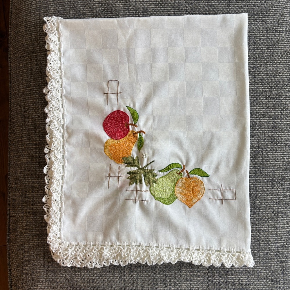 Handmade Embroidered Fruit Tablecloth 41x33 Lace Border Small Linen Table Cover